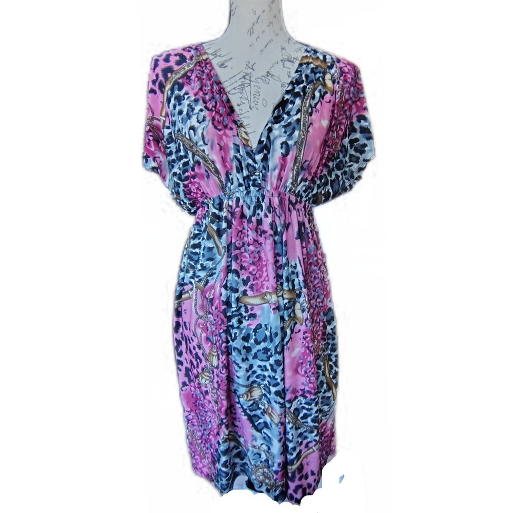 Pink Nautical Ropes Animal Print Kimono Sleeve Knee Length Summer Dress M V-Neck